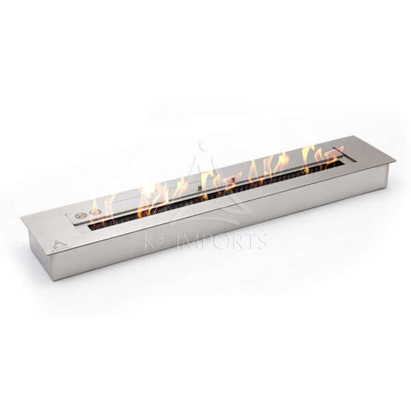 K3 queimador Lareira Ecológica 81cm Inox escovado com Tampa e Acendedor em inox escovado, embutir, formato longo e chamas visíveis