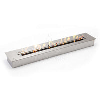 K3 queimador Lareira Ecológica 81cm Inox escovado com Tampa e Acendedor em inox escovado, embutir, formato longo e chamas visíveis