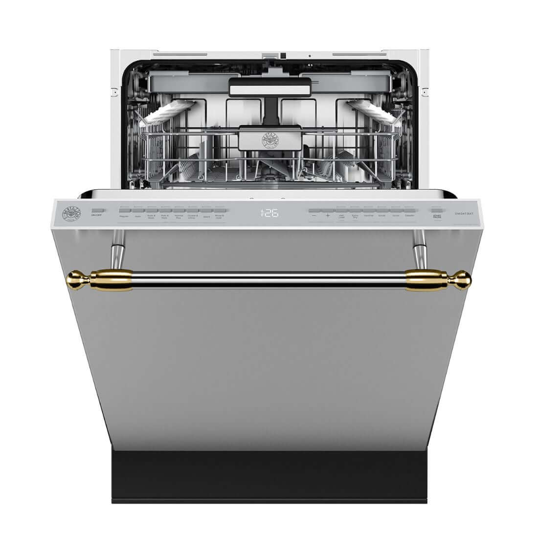 Lava-Louças Bertazzoni Heritage 16 Serviços Inox 60cm: lava louças de embutir inox com puxador dourado, painel frontal e 2 cestos internos visíveis