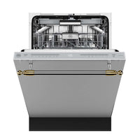 Lava-Louças Bertazzoni Heritage 16 Serviços Inox 60cm: lava louças de embutir inox com puxador dourado, painel frontal e 2 cestos internos visíveis