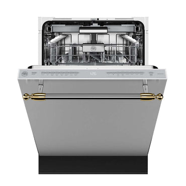 Lava-Louças Bertazzoni Heritage 16 Serviços Inox 60cm: lava louças de embutir inox com puxador dourado, painel frontal e 2 cestos internos visíveis