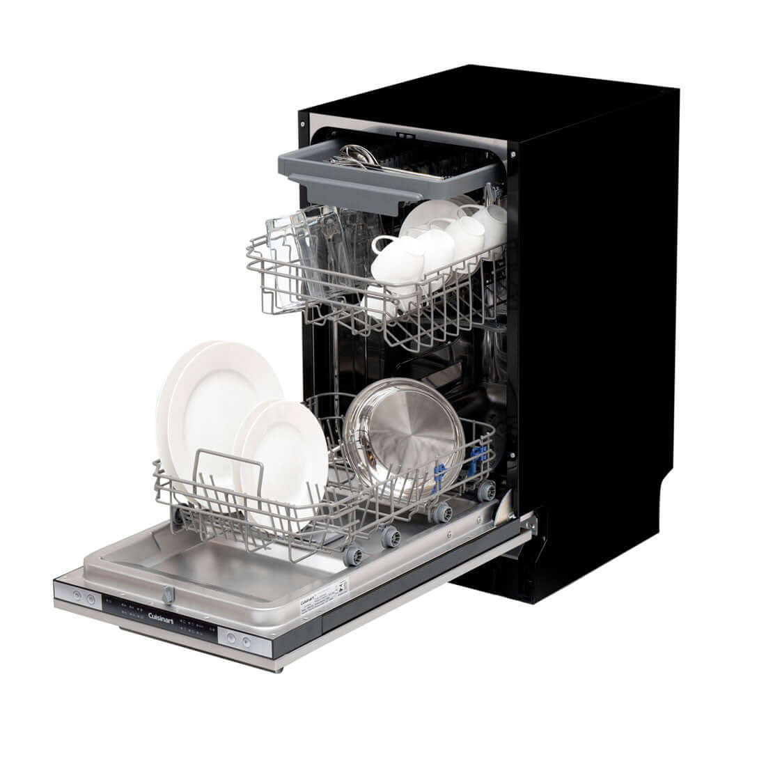 Lava-Louças Cuisinart Casual 10 Serviços Inox 45cm: lava louças de embutir preta com interior inox, painel frontal baixo e 2 cestos visíveis