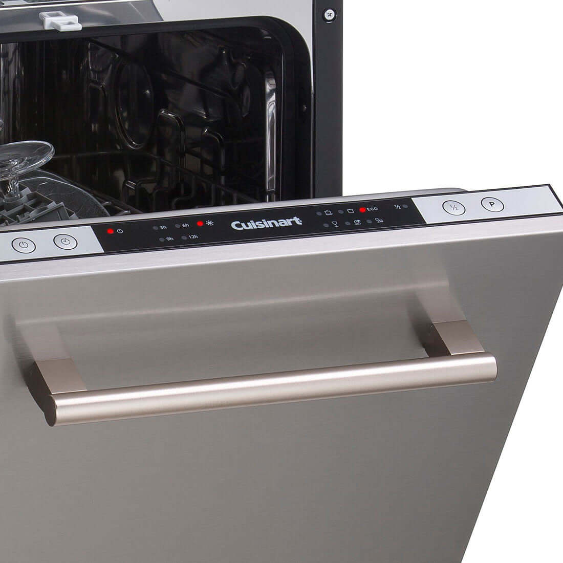 Lava-Louças Cuisinart Casual 10 Serviços Inox 45cm mostrando porta inox embutida com painel touch e interior AISI 304