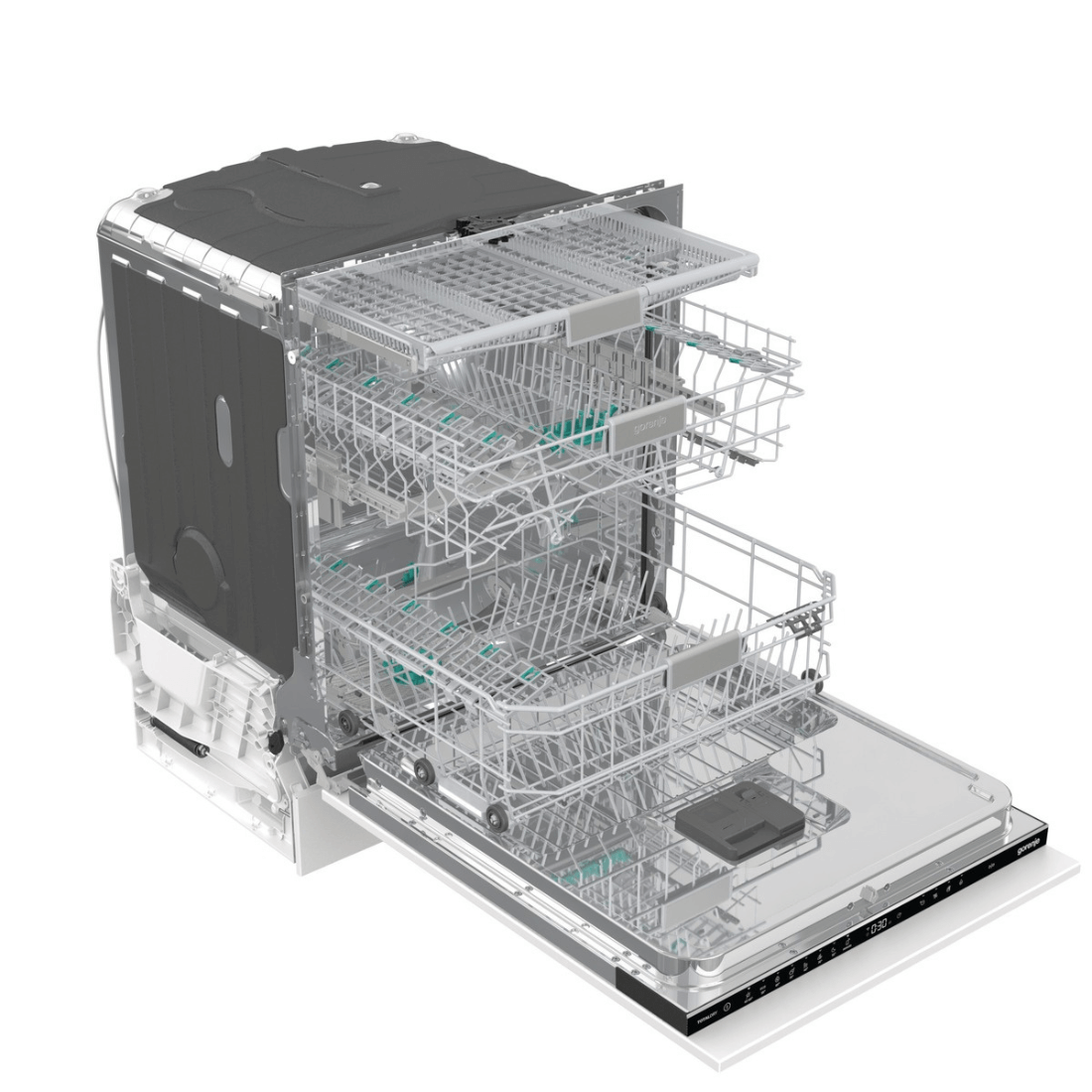 Lava-Louças Gorenje Porta para Revestir 16 Serviços com Wi-fi 60cm mostrando interior com 3 cestos, painel frontal integrado e acabamento para embutir