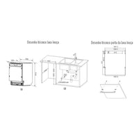 Painel de Inox Debacco para Lava-Louças 60cm painel técnico em inox mostrando dimensões, corte de bancada e marcação para instalação embutida