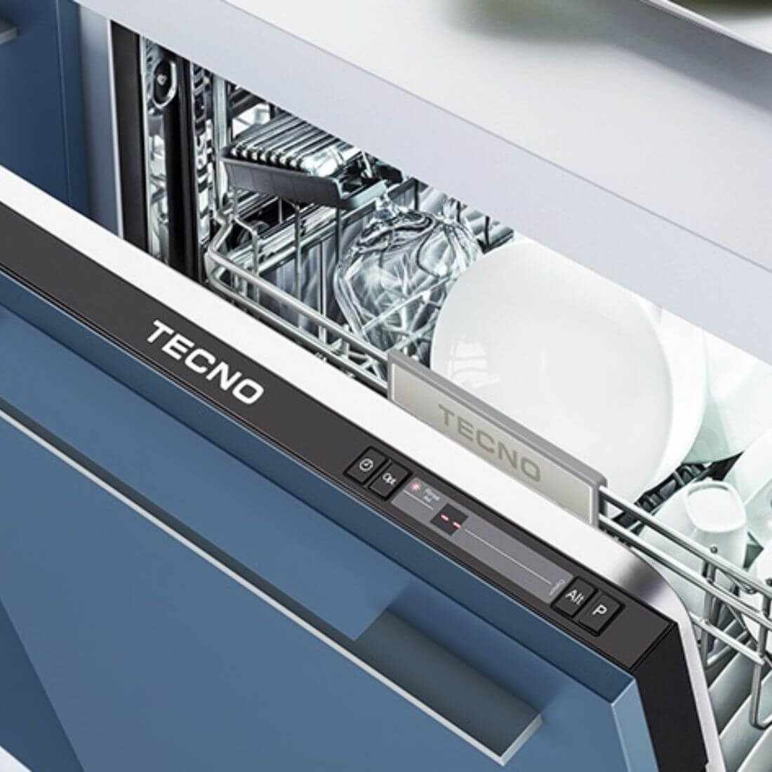 Lava-Louças Tecno Porta para Revestir 14 serviços 60cm - lava louças de embutir em inox com painel touch, 2 cestos e acabamento azul integrado