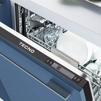 Lava-Louças Tecno Porta para Revestir 14 serviços 60cm - lava louças de embutir em inox com painel touch, 2 cestos e acabamento azul integrado