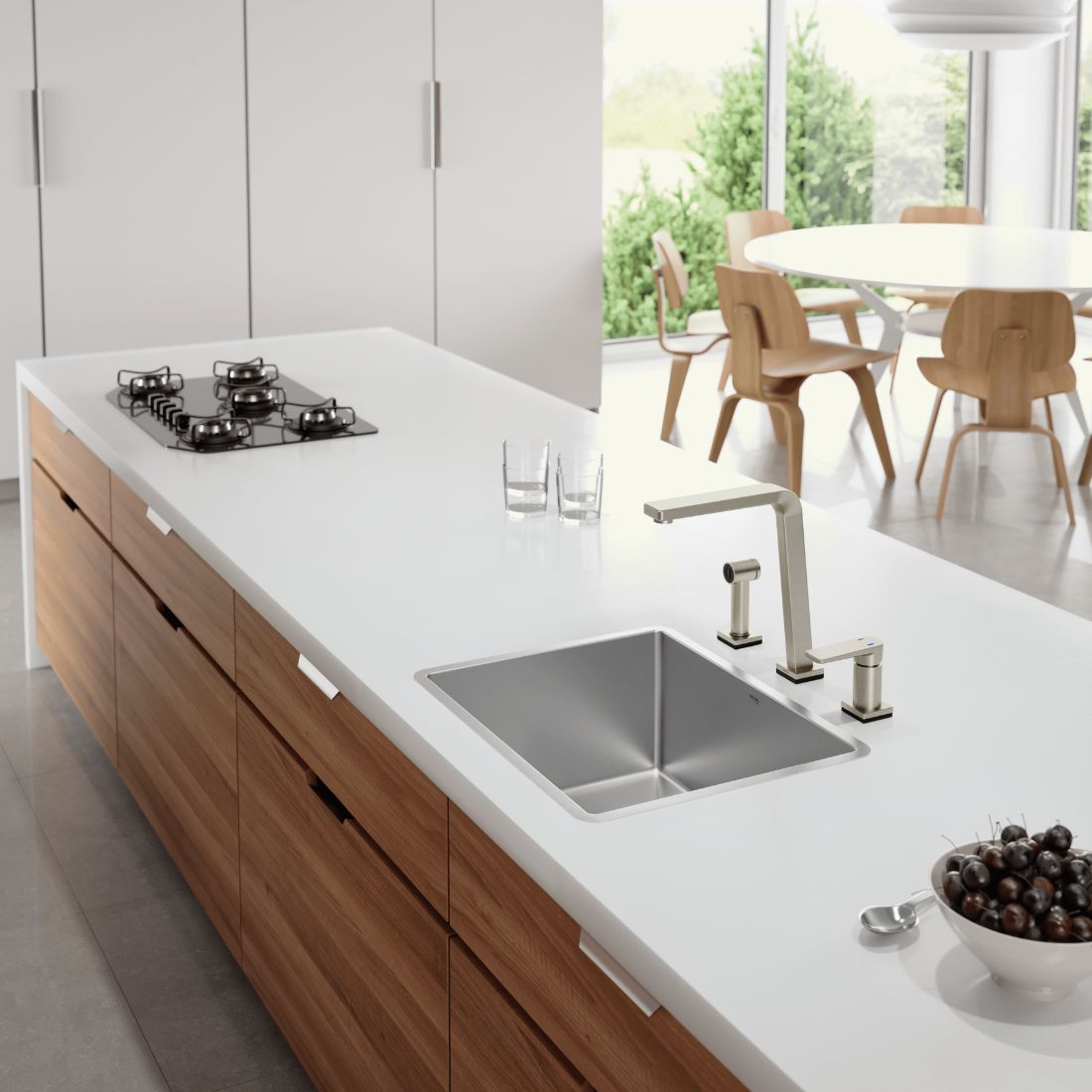 Cuba Mekal LR 50cm de embutir em inox escovado com cantos retilíneos na bancada moderna