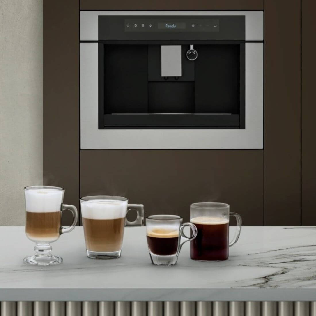 Cafeteira Tecno Vintage Automática de Embutir Inox 60cm: máquina de café de embutir em inox com display touch, saída dupla e bandeja retrátil