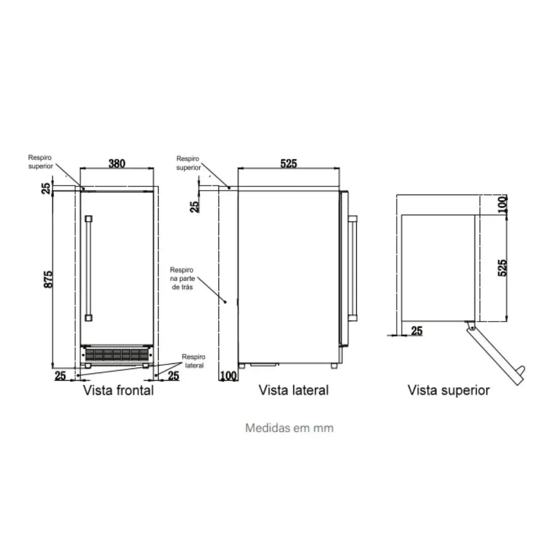 Máquina de Gelo Evol 20kg/dia Inox 38cm desenho técnico com vistas frontal, lateral e superior mostrando medidas e porta para embutir