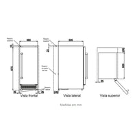 Máquina de Gelo Evol 20kg/dia Inox 38cm desenho técnico com vistas frontal, lateral e superior mostrando medidas e porta para embutir