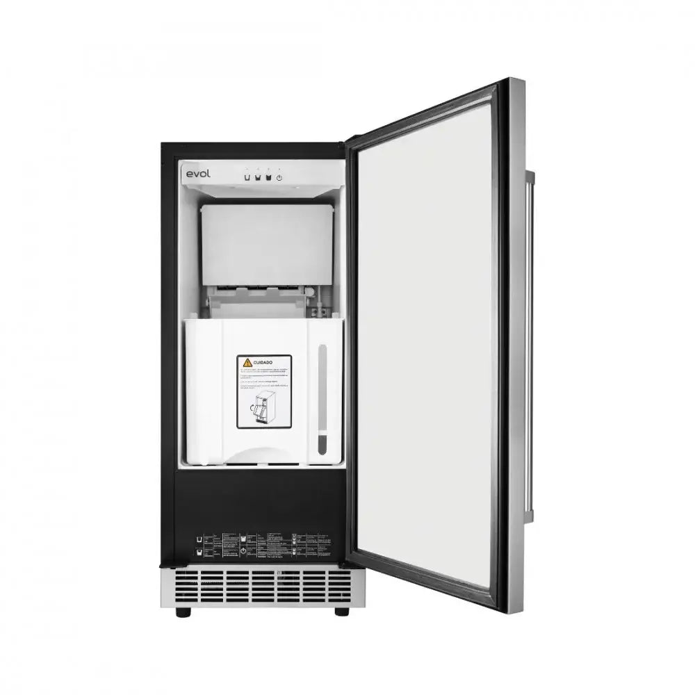 Máquina de Gelo Evol 20kg/dia Inox 38cm — ice maker de embutir com acabamento inox, porta aberta e painel frontal visível