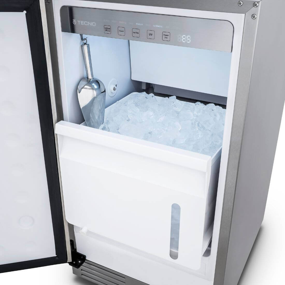 Máquina de Gelo Tecno Professional 50kg/dia Inox 45cm - ice maker de embutir em inox com gaveta de gelo, painel digital e puxador retangular