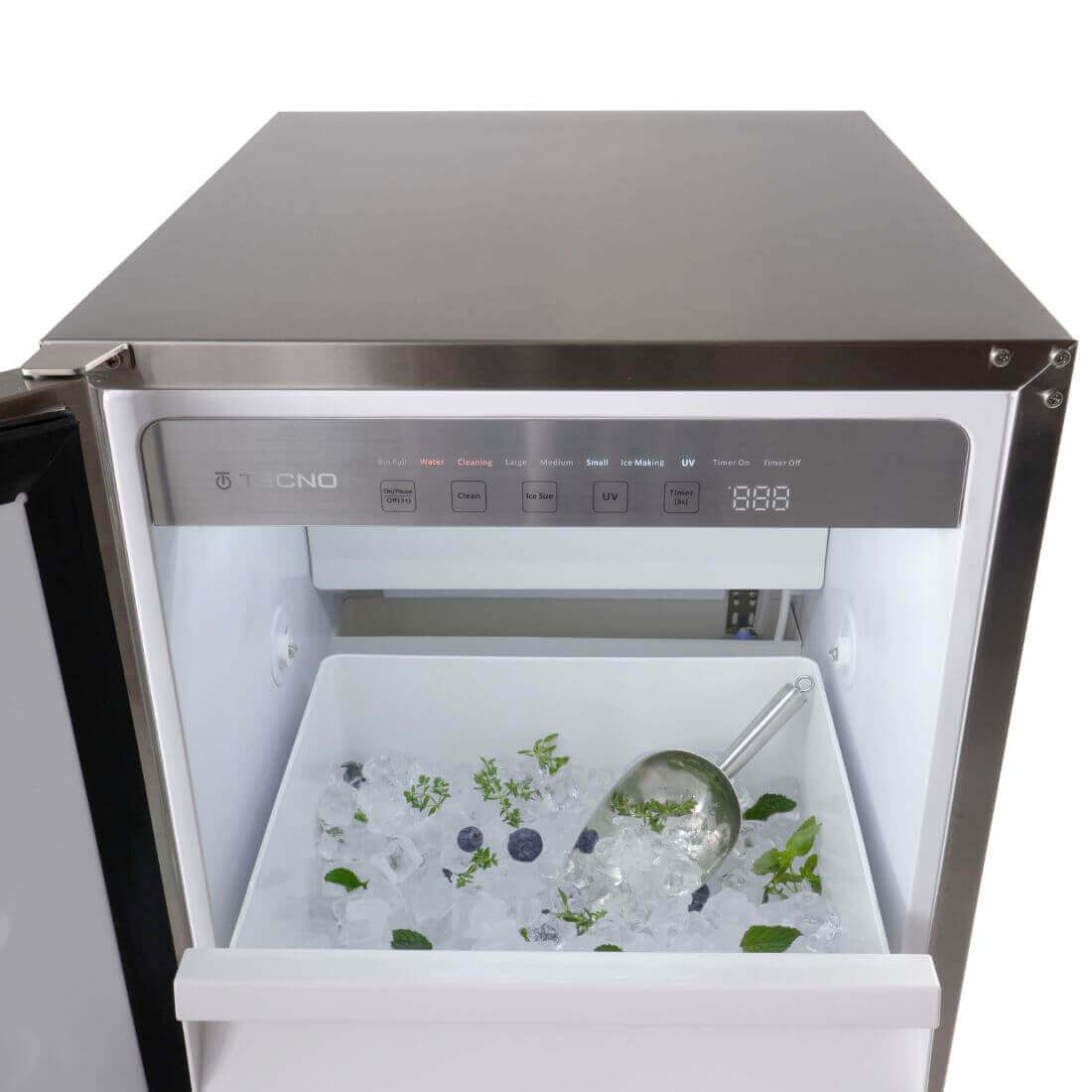 Máquina de Gelo Tecno Professional 50kg/dia Inox 45cm - máquina de gelo de embutir inox com puxador retangular, painel frontal e porta aberta mostrando gelo