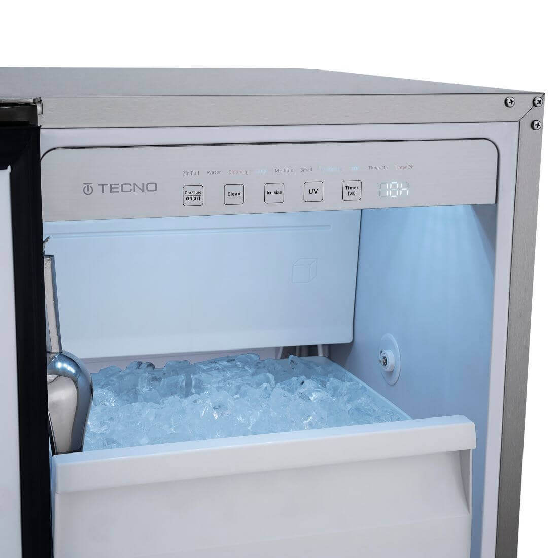 Máquina de Gelo Tecno Professional 50kg/dia Inox 45cm - ice maker embutir em inox com painel digital, luz UV e porta de vidro