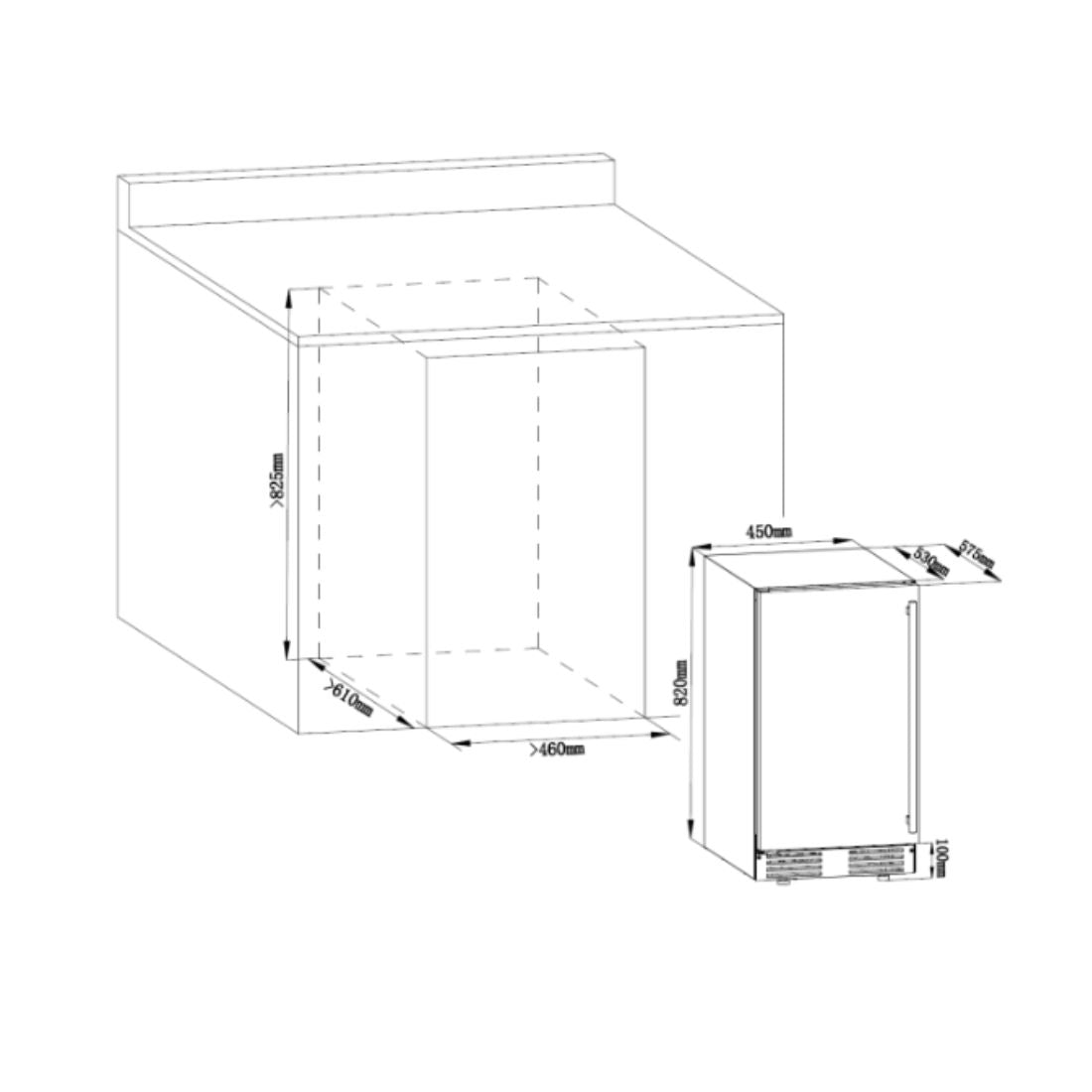 Máquina de Gelo Tecno Professional 50kg/dia Inox 45cm mostrando desenho técnico de embutir com medidas e acabamento inox