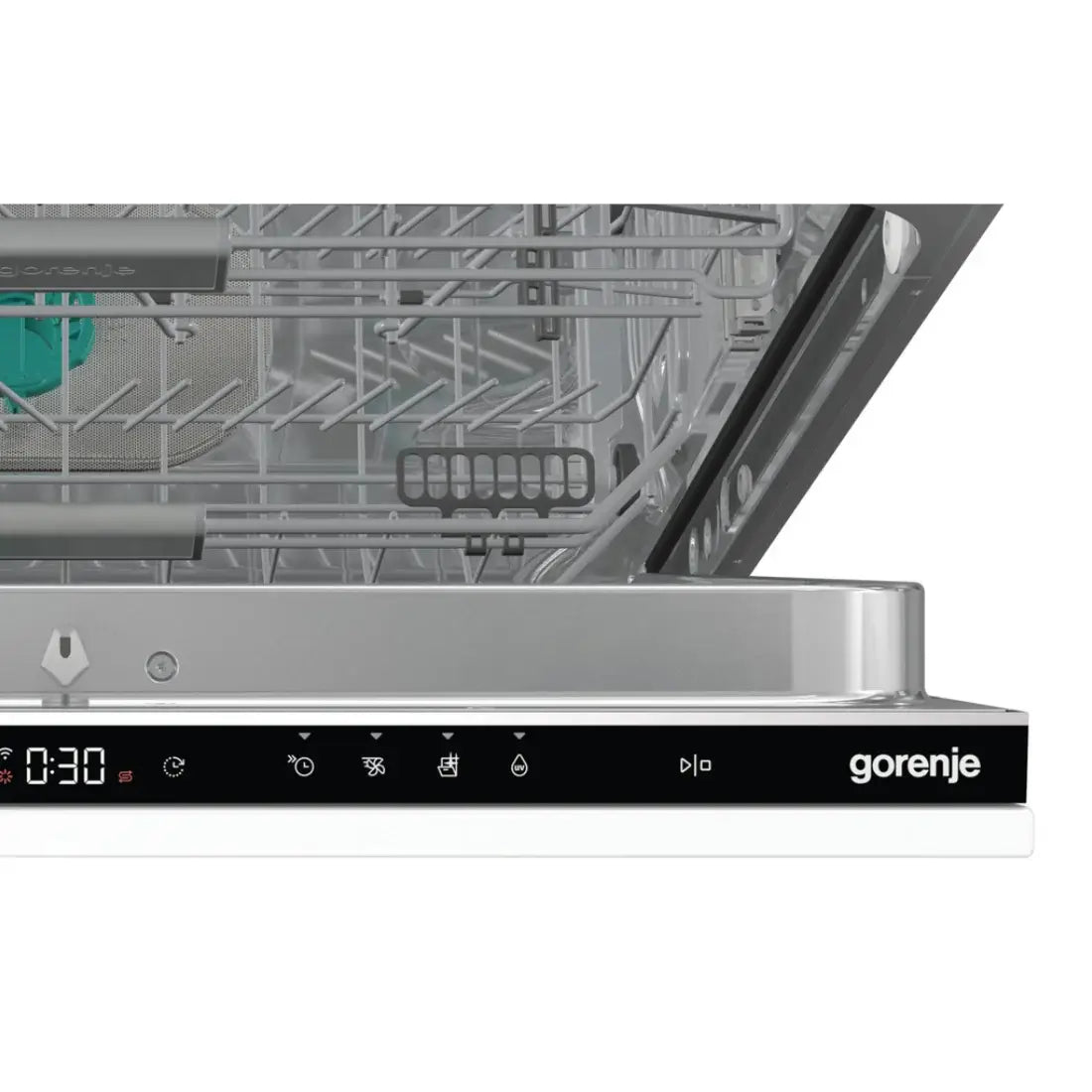 Lava-Louças Gorenje Porta para Revestir 16 Serviços com Wi-fi 60cm mostrando acabamento inox, painel touch frontal preto e cestos internos