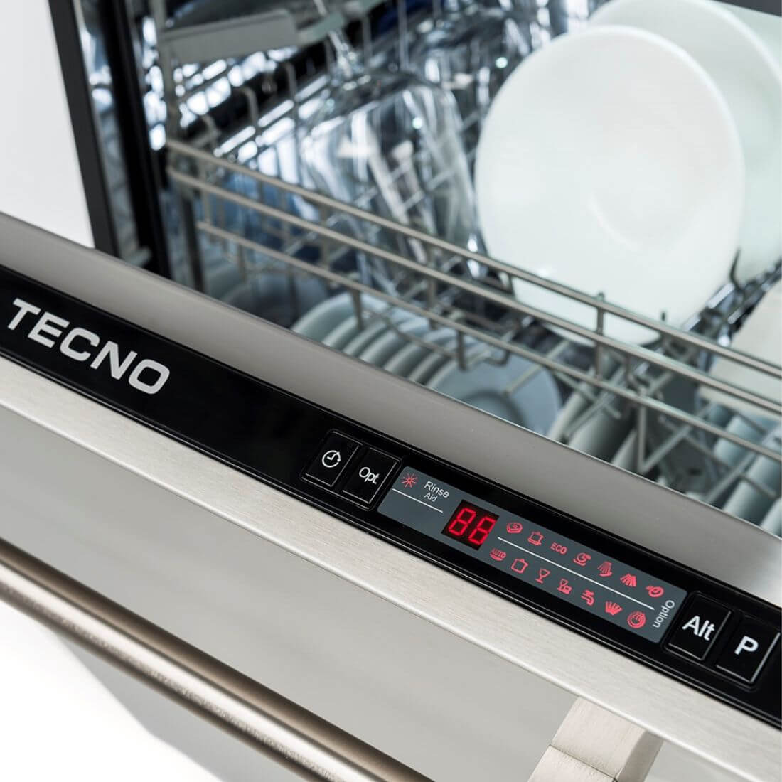 Lava-Louças Tecno Professional 14 serviços Inox 60cm: lava louças de embutir em inox com painel digital touch, interior com 2 cestos e acabamento premium
