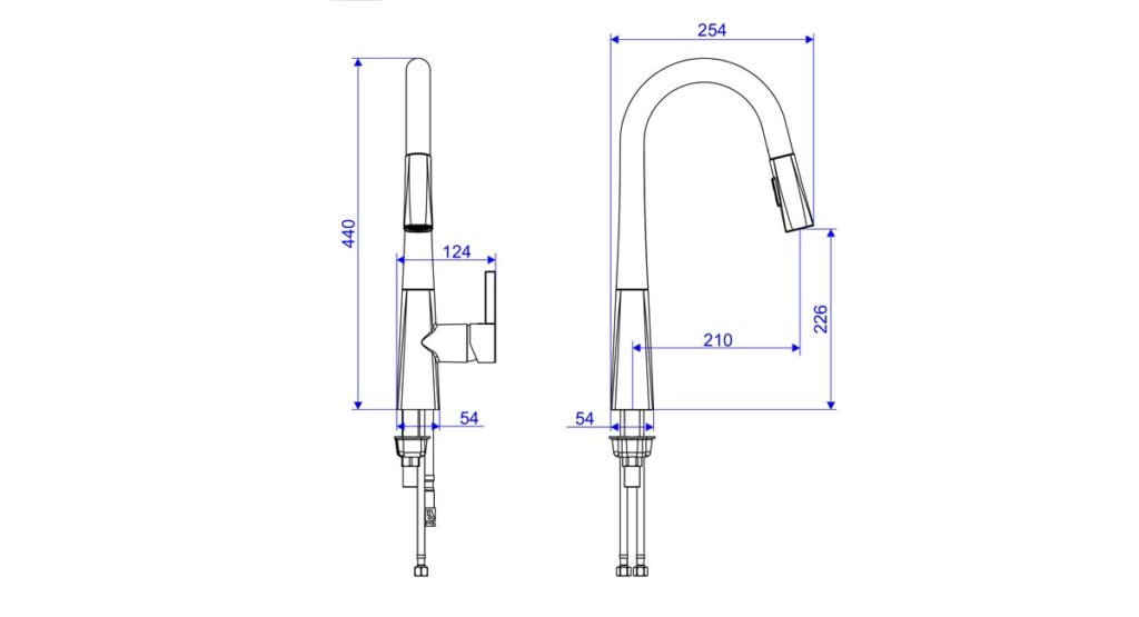 Misturador Monocomando Codda com Ducha Retrátil Aria Níquel Escovado - desenho técnico com dimensões.