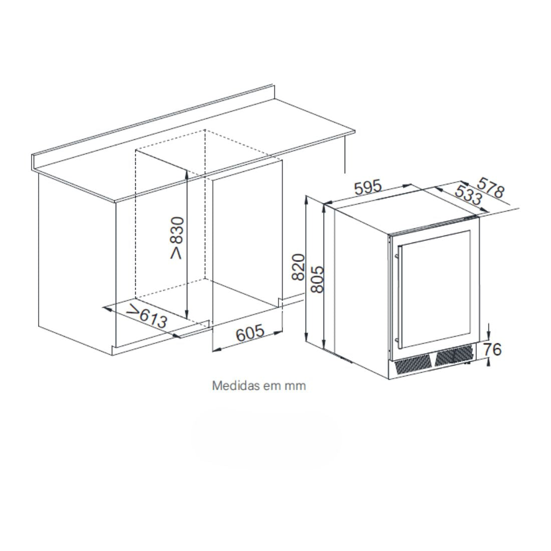 Adega e Cervejeira Evol Smart Inox 60cm, adega climatizada inox para embutir 18 garrafas e cervejas, dimensões e corte técnico