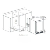 Adega e Cervejeira Evol Smart Inox 60cm, adega climatizada inox para embutir 18 garrafas e cervejas, dimensões e corte técnico