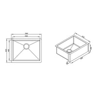 Cuba Debacco Quadratino 58cm de Fazenda inox escovado desenho técnico com medidas 580x445mm vista superior e isométrica
