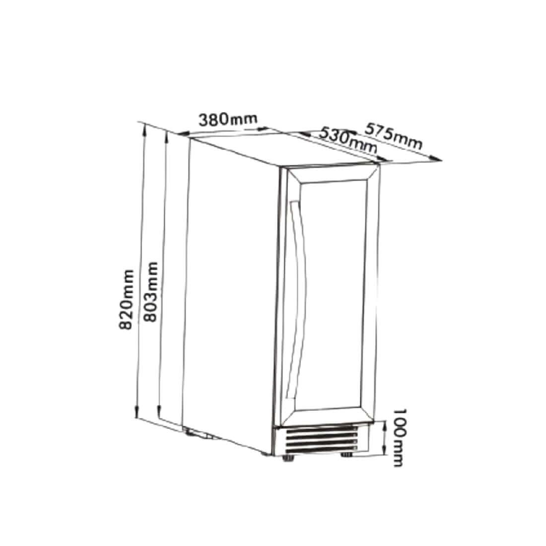 Adega Tecno Professional 23 Garrafas inox 38cm abertura direita com medidas 820x380x575mm desenho técnico