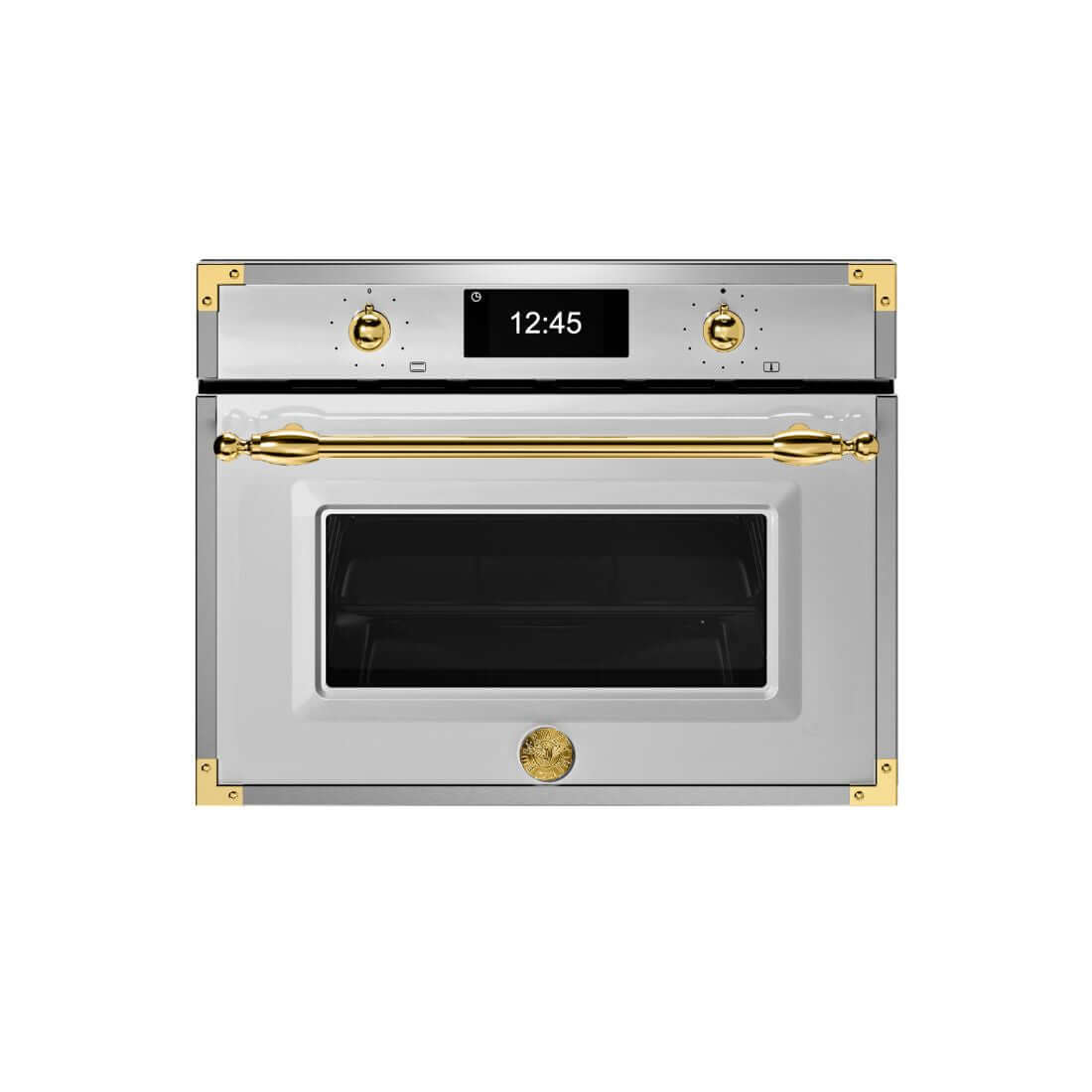 Forno Bertazzoni Heritage Combinado 40L Inox 60cm com detalhes dourados e display digital, fabricado na Itália