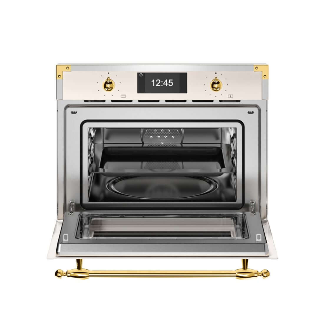 Forno Bertazzoni Heritage Combinado 40L Marfim 60cm com micro-ondas, aço inox italiano, porta aberta e detalhes dourados