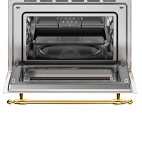 Forno Bertazzoni Heritage Combinado com micro-ondas 40L Marfim 60cm, interior inox aberto mostrando prateleiras e bandeja