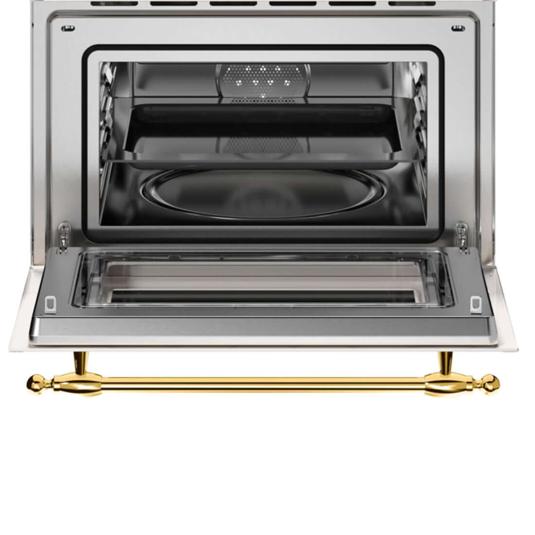 Forno Bertazzoni Heritage Combinado 40L inox 60cm com micro-ondas, porta aberta e interior em aço inox com puxador dourado