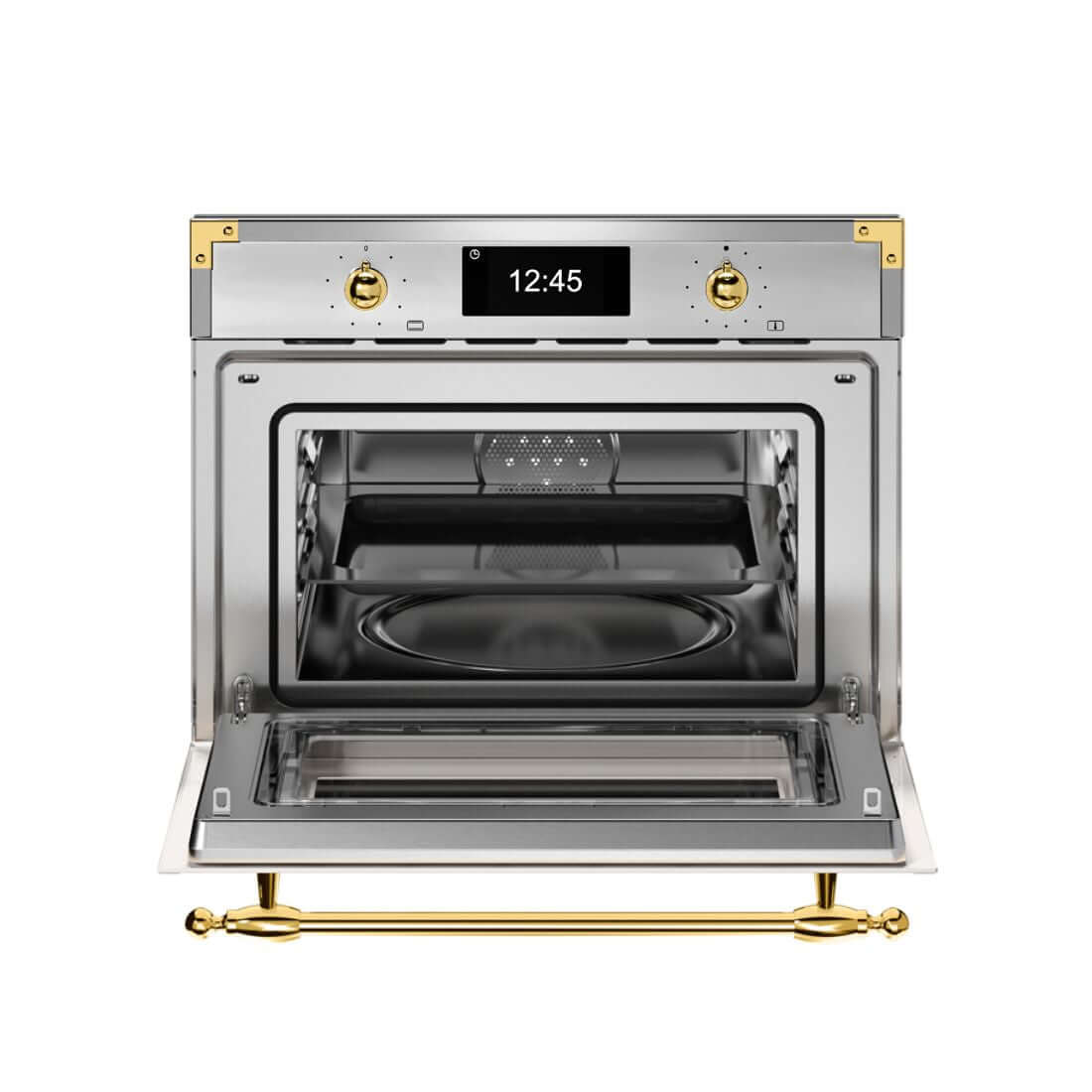 Forno Bertazzoni Heritage Combinado 40L Inox 60cm com porta aberta, acabamento aço inox e detalhes dourados
