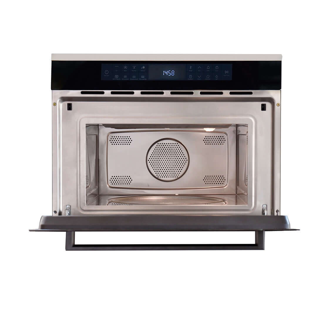 Forno Micro-ondas Combinado Cuisinart Arkton 38 Litros Inox 60cm mostrado com porta aberta, interior inox, painel digital touch e instalação de embutir