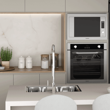 Torre Quente Cuisinart Casual Inox 60cm l Forno e Micro: torre quente embutida com forno combinado em inox, painel analógico e micro-ondas acima