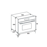 Forno Cuisinart Prime Combinado com Micro-ondas  Inox 60cm 35 Litros exibido em desenho técnico com medidas, porta de vidro triplo e painel touch