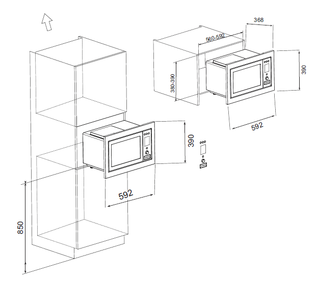 Forno Debacco Combinado com Micro-ondas Zurique 33 Litros Inox 60cm: desenho técnico de micro-ondas de embutir em inox com painel touch e dimensões de instalação