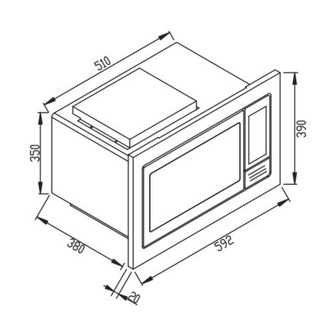 Torre Quente Debacco Zurique Inox 60cm l Forno e Micro: desenho técnico de micro-ondas de embutir em inox com painel digital, porta de vidro e medidas