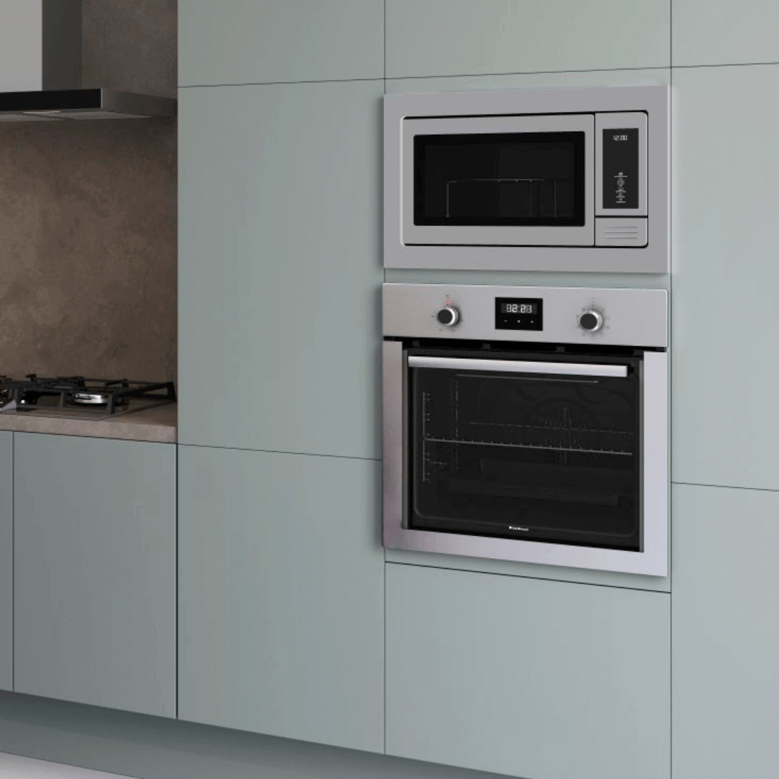 Torre Quente Debacco Zurique Inox 60cm l Forno e Micro: torre de embutir inox com micro-ondas e forno elétrico 33L, painel touch e acabamento escovado