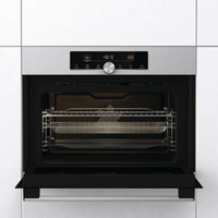 Forno Gorenje Combinado com Micro-ondas 50 Litros Inox 60cm embutido com acabamento inox, porta drop down em vidro e painel digital touch