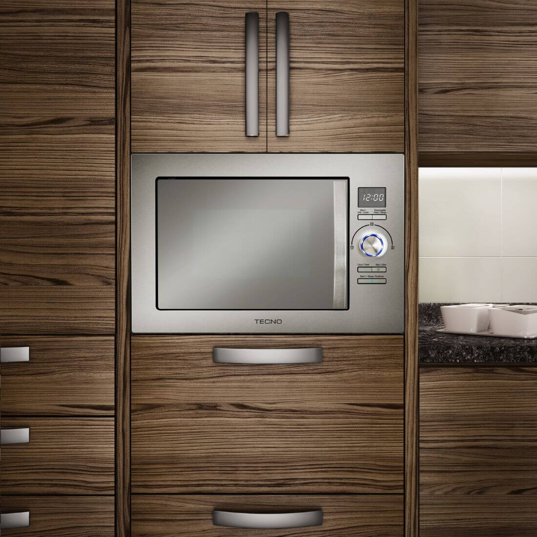 Forno Tecno Combinado com Micro-ondas  25 Litros Inox 60cm embutido em inox com painel digital, botão prateado e porta de vidro, design moderno