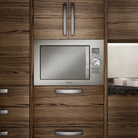 Forno Tecno Combinado com Micro-ondas  25 Litros Inox 60cm embutido em inox com painel digital, botão prateado e porta de vidro, design moderno