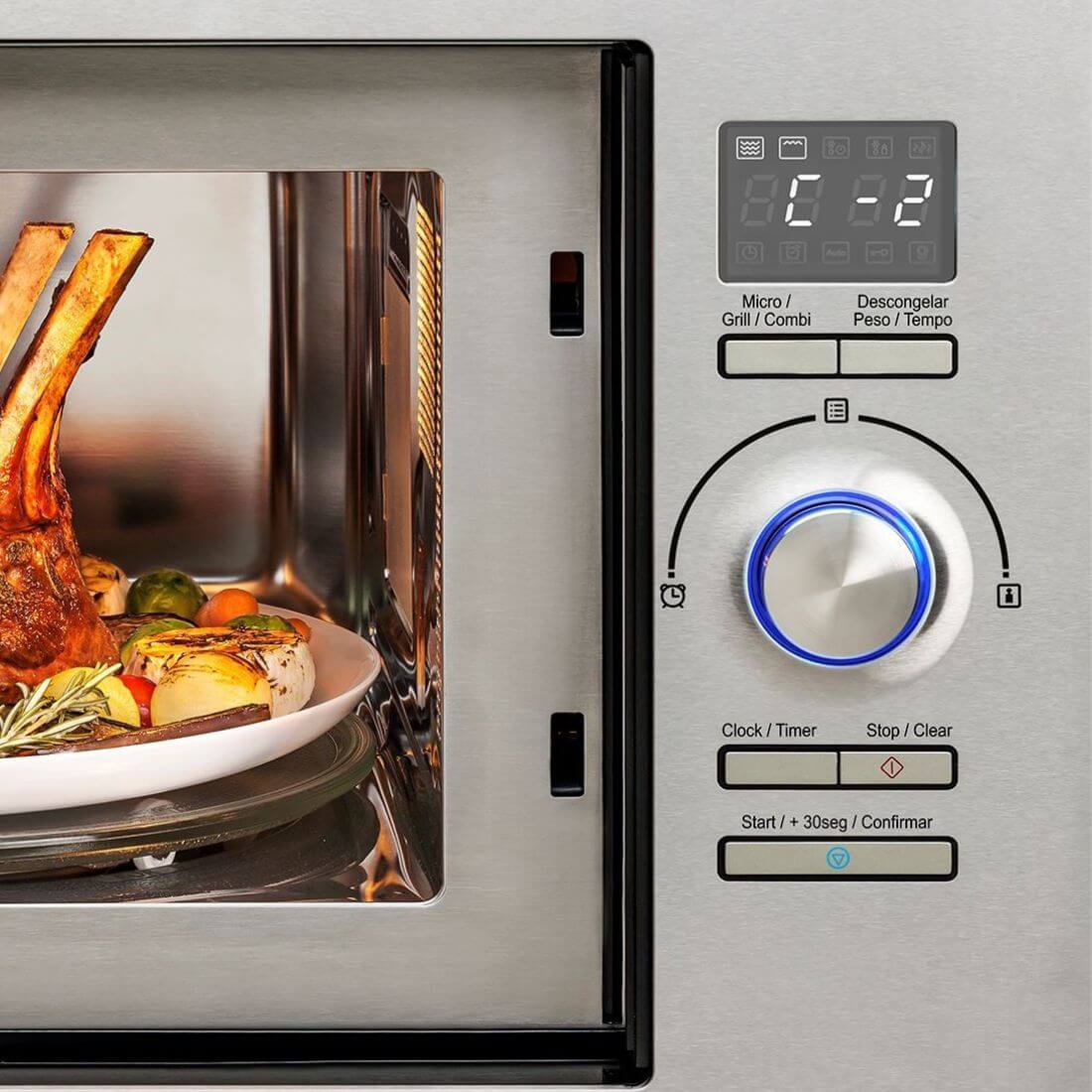 Forno Tecno Combinado com Micro-ondas 25 Litros Inox 60cm - forno combinado de embutir inox com painel digital, botão cromado iluminado e porta de vidro