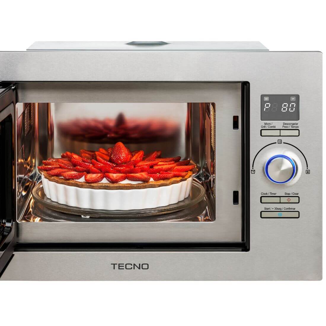 Forno Tecno Combinado com Micro-ondas  25 Litros Inox 60cm mostrando torta assada, porta de vidro, painel digital e acabamento inox