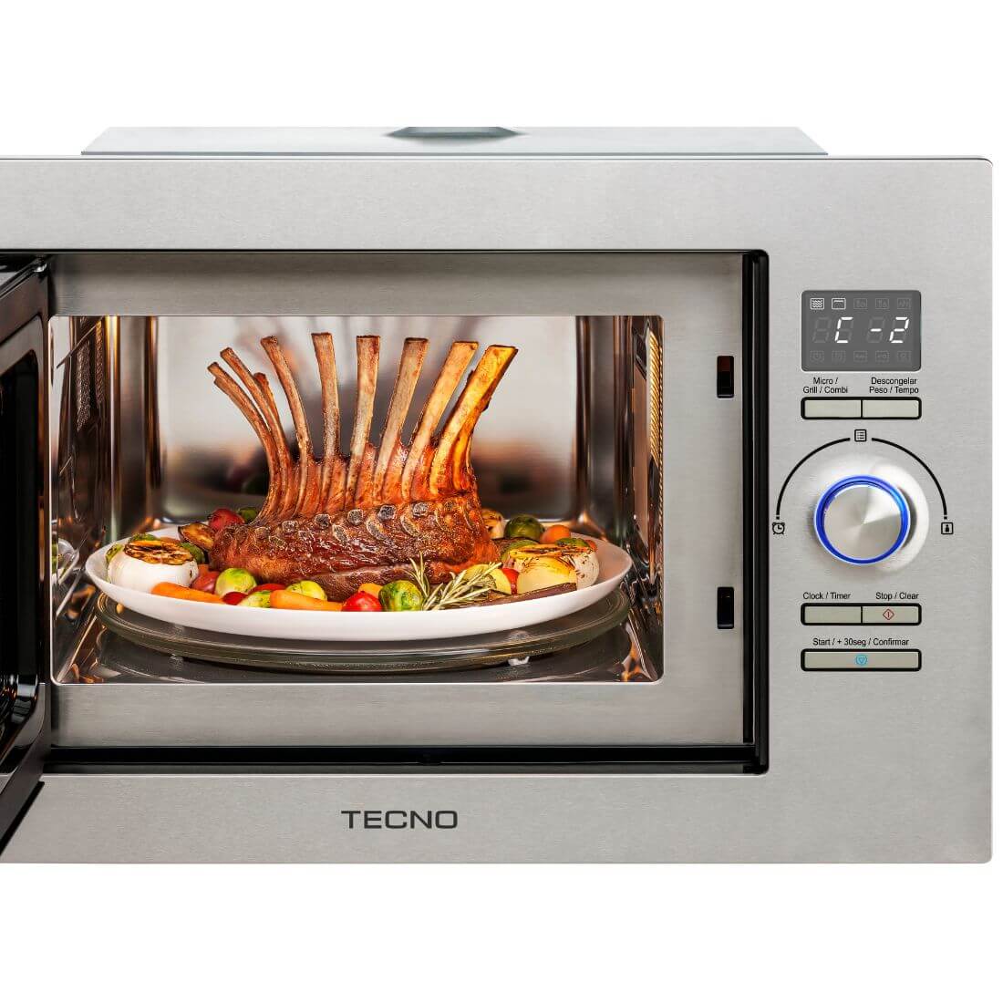 Forno Tecno Combinado com Micro-ondas 25 Litros Inox 60cm — forno combinado de embutir em inox com painel digital, botão rotativo e porta de vidro