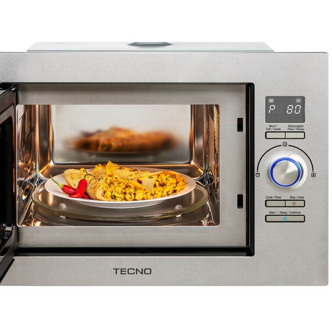 Forno Tecno Combinado com Micro-ondas 25 Litros Inox 60cm em inox com porta de vidro, painel digital e botão iluminado, embutir