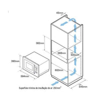 Forno Tecno Combinado com Micro-ondas  25 Litros Inox 60cm: forno combinado de embutir inox mostrando medidas, ventilação e espaço para instalação