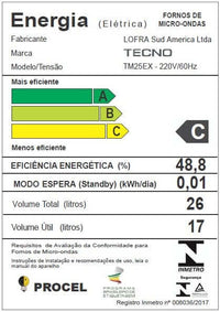 Forno Tecno Combinado com Micro-ondas  25 Litros Inox 60cm exibido em etiqueta de eficiência energética com classificação C e detalhes de volume e consumo