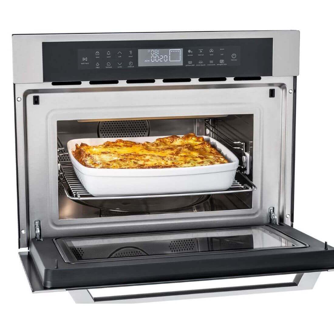 Forno Micro-Ondas Combinado Tecno Original 38 Litros Inox 60cm - forno combinado de embutir em inox com painel digital e porta de vidro aberta mostrando lasanha