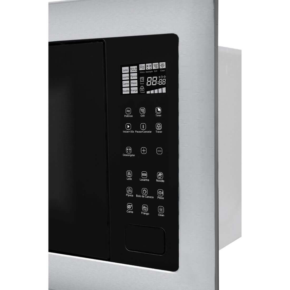  Micro-ondas Evol C13 25 litros inox embutir com painel digital touch e grill — acabamento vidro preto