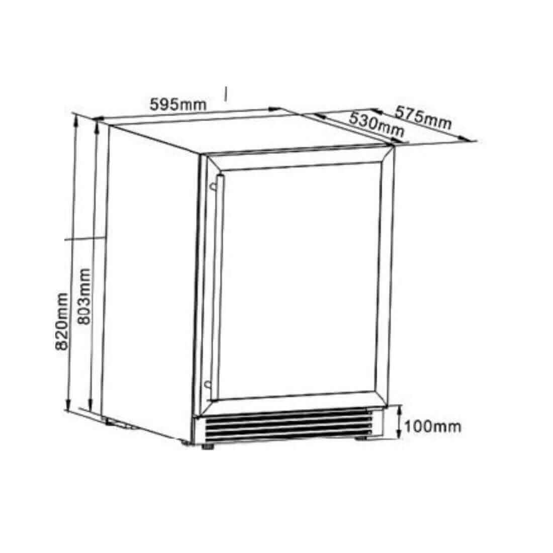Cervejeira Tecno de Revestir 136 Litros 60cm - Porta Reversível desenho técnico com dimensões, instalação de embutir e frente para revestir